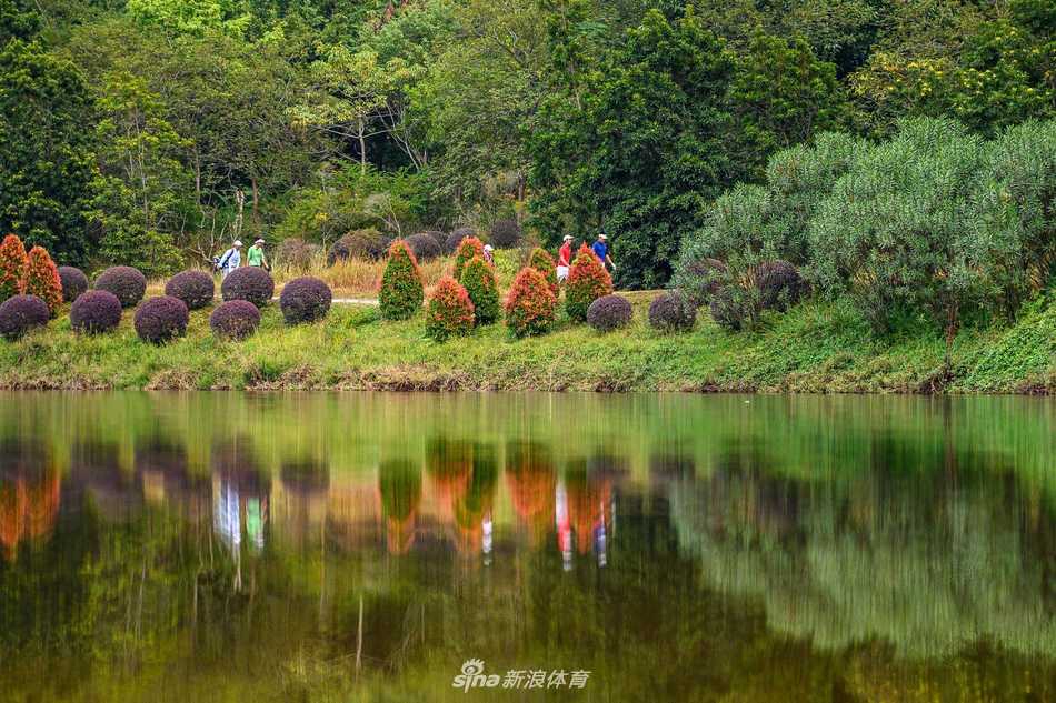 晨光洒落，球道如翡翠缎带蜿蜒于宁静湖畔，倒映着天空与树影的柔情