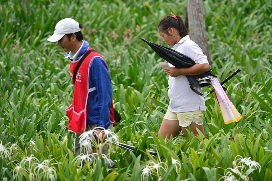 杨超目光如炬，正从独特的角度专注判读果岭上的草纹与坡度