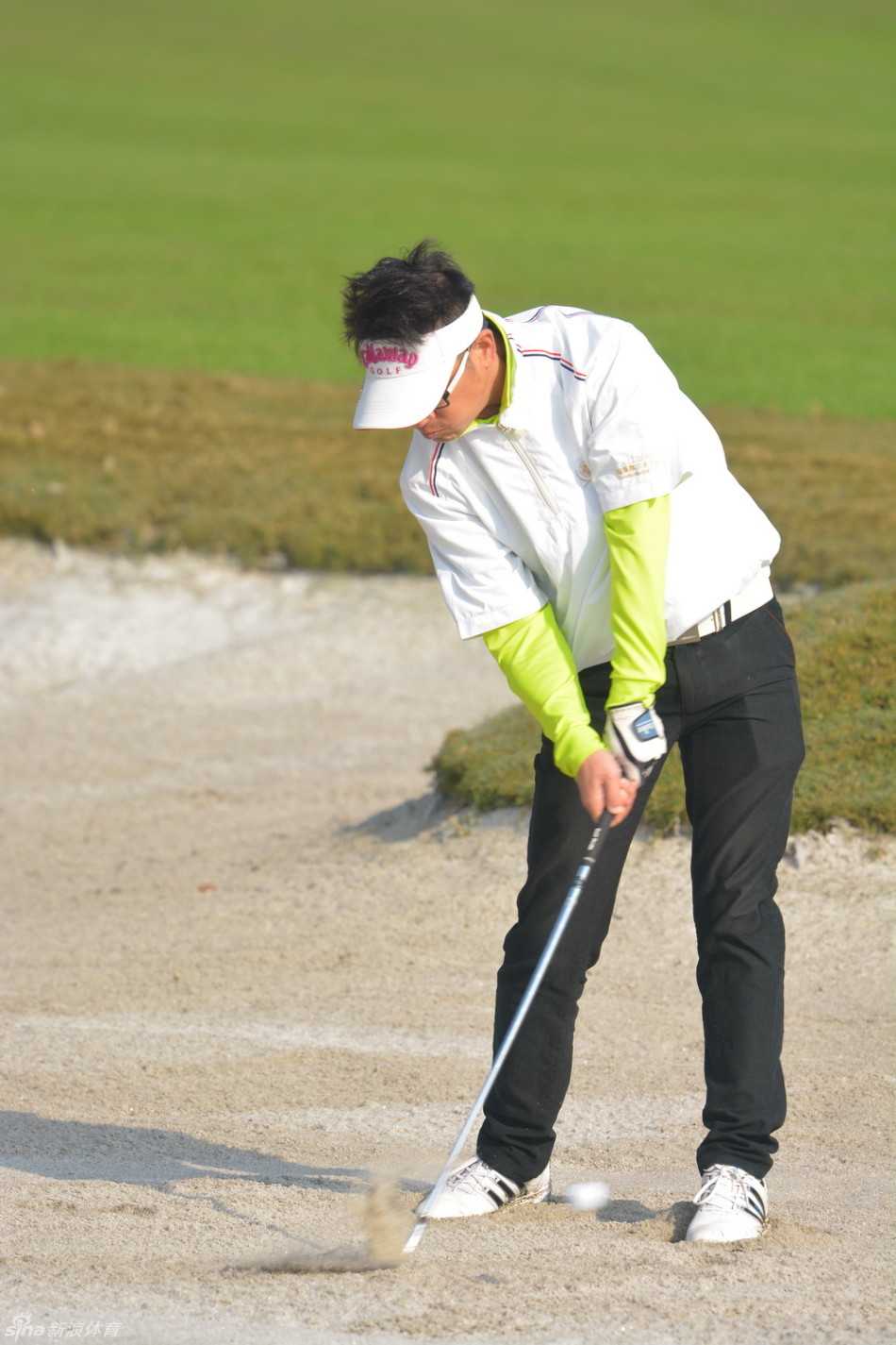 绿茵挥杆竞风流 友谊满载欢乐行 高尔夫球手在果岭上专注推杆,神情沉稳,周围环境宁静