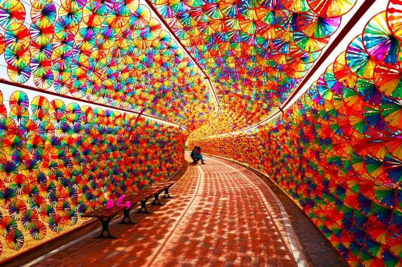 虞美人花海在风中起伏，鲜艳的橙红色花朵如火焰般跳跃，为庄园增添了热烈的色彩。