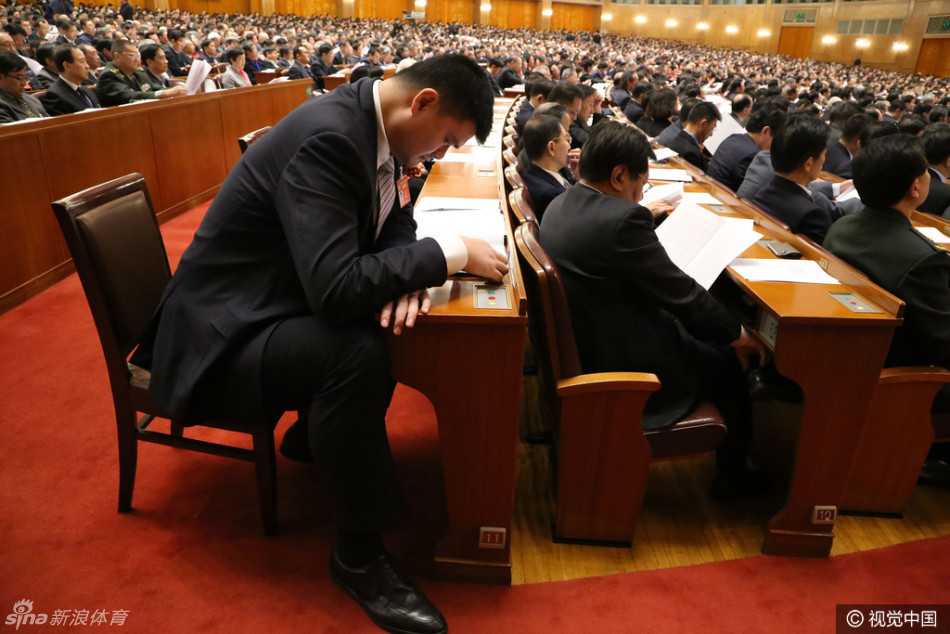 身高两米二六的姚明身着剪裁得体的深色西装，在人民大会堂东大厅门口显得格外醒目，他神情庄重地迈上台阶，准备参加闭幕会。