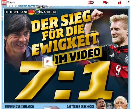 标题：德国7-1巴西创世界杯半决赛最大分差奇迹